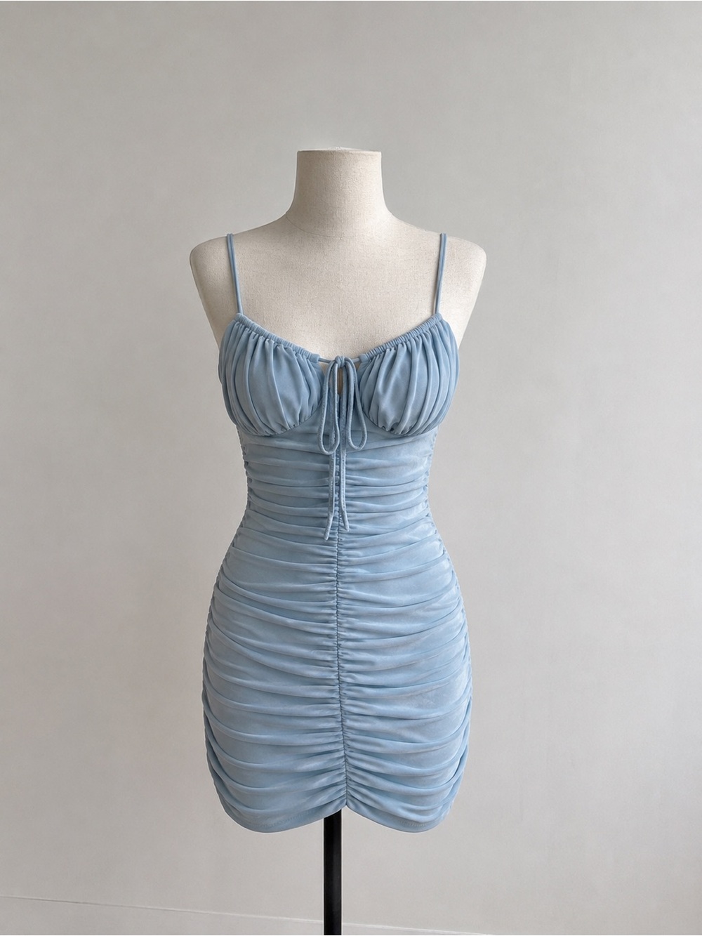 Ruched Light Blue Spaghetti Strap Mini Dress